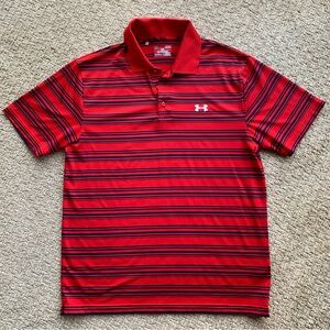 Under Armour Men’s Polo Golf Shirt Large Red / Blue Stripes Loose Fit